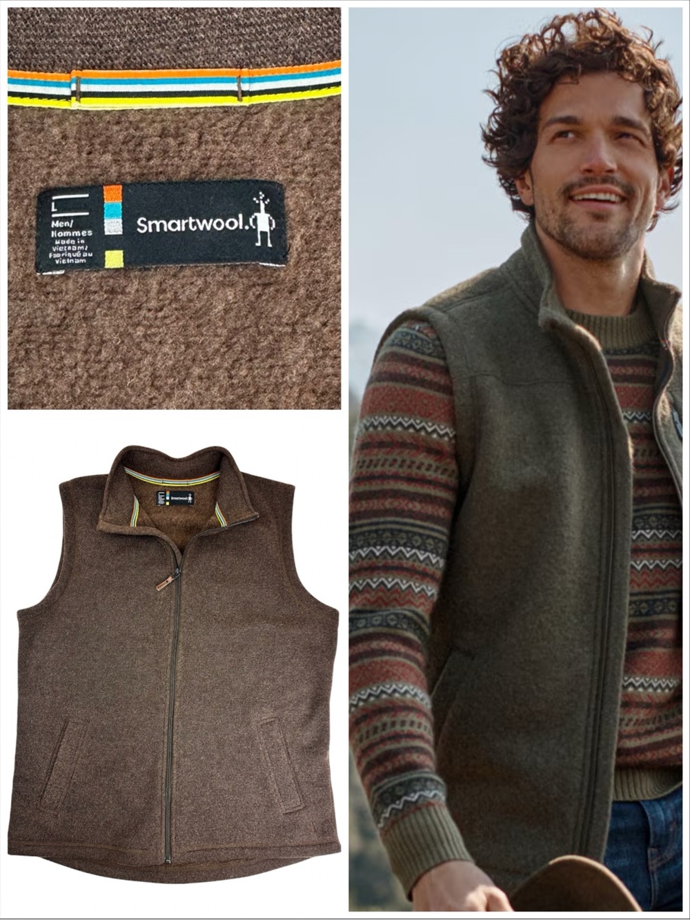 Smartwool Hudson Trail Knit Fleece Vest Bourbon Heather Brown Pockets Full Zip